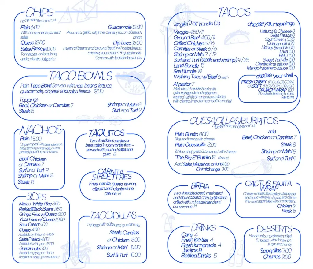 Blue cactus menu
