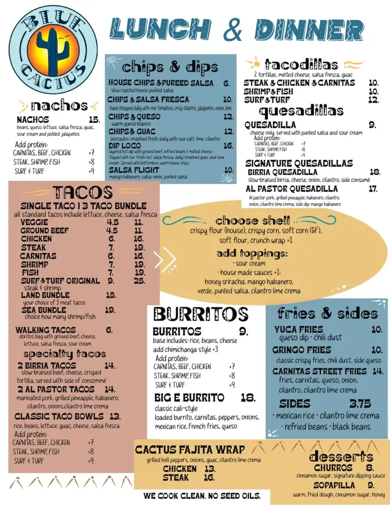 Blue cactus menu